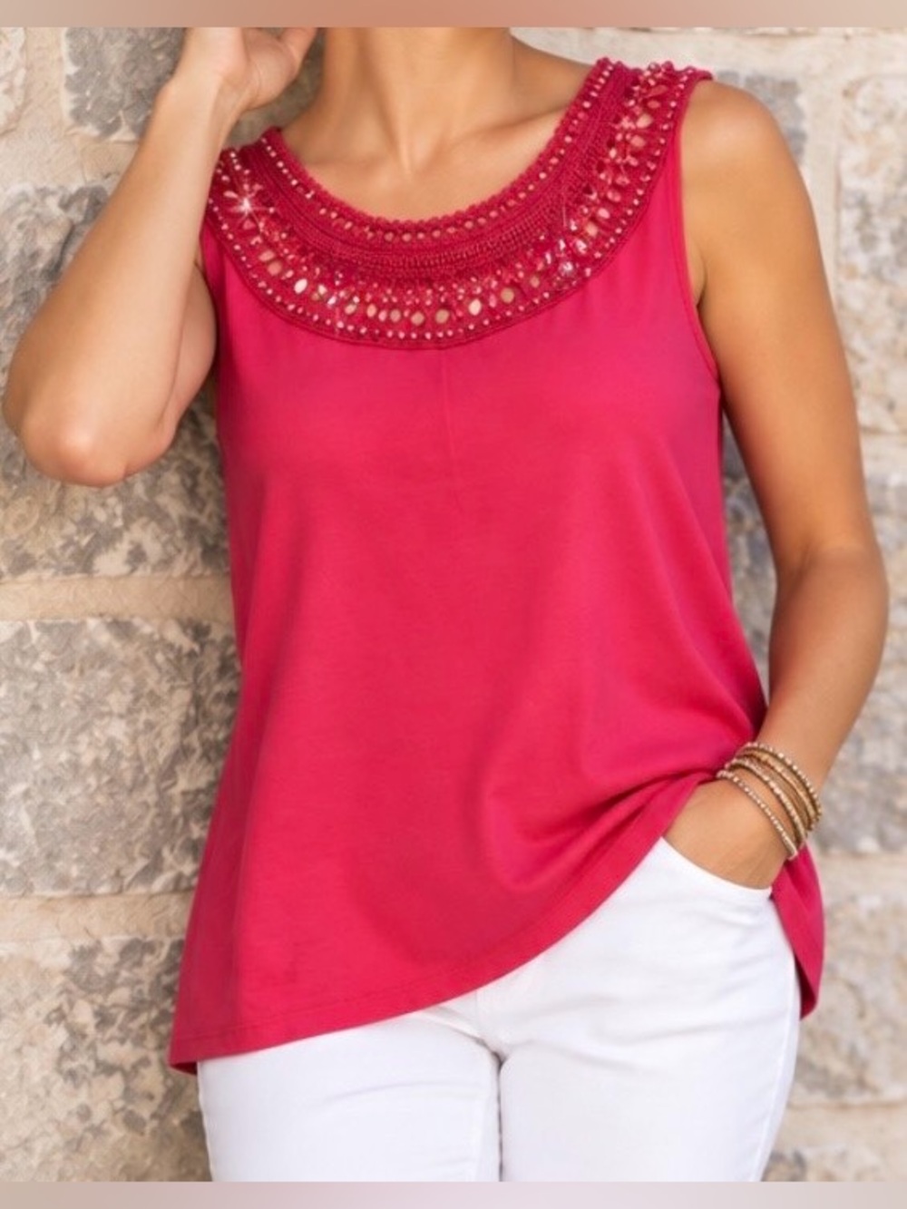 Jones New York Sleeveless Cotton Top w Ornate Beaded Crochet Neckline Fuchsia(L)